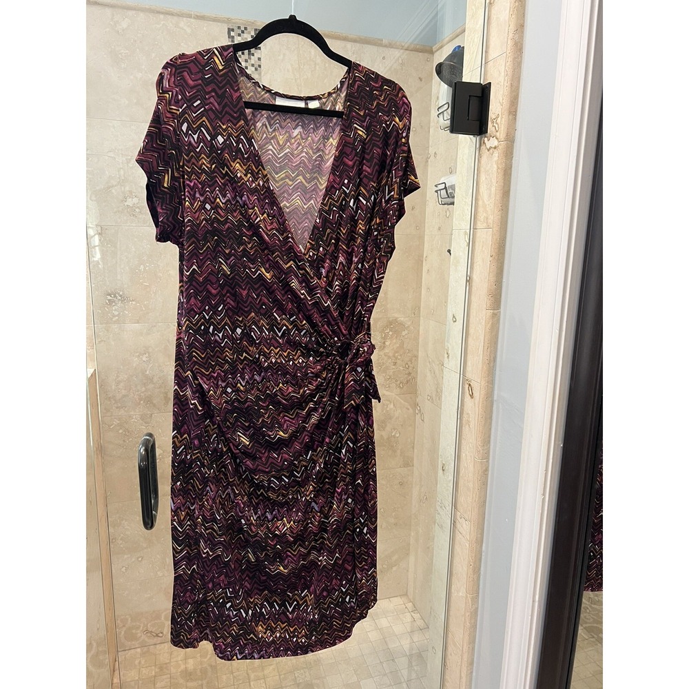 Avenue Plus Pink Purple Ikat Jersey Mock Wrap Maxi Dress 2X 18 20 Short Sleeve